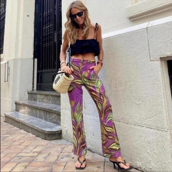 Zara Linen Blend Psychedelic Retro Print Pants Purple Womens XSmall - Picture 1 of 10
